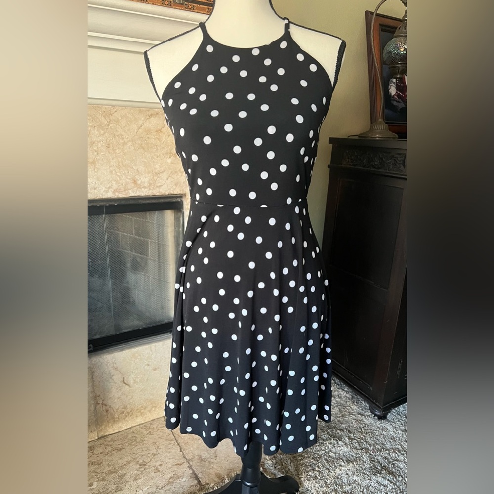 Bar III Black and White Polka Dot fit and flare dress, Small